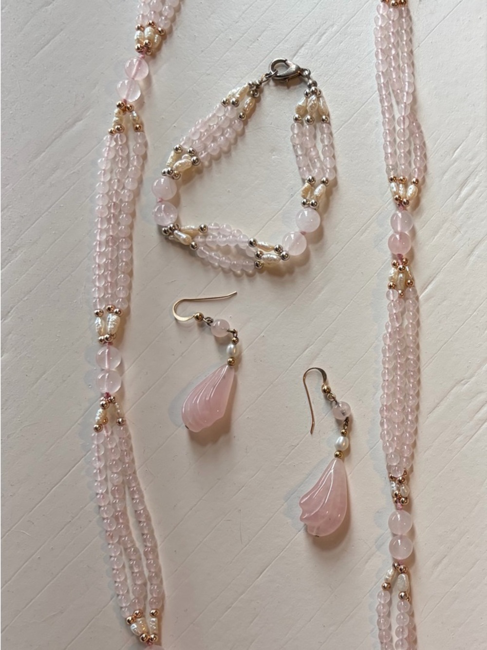 Delicate Pink Beaded Necklace, Bracelet & Earrings Set